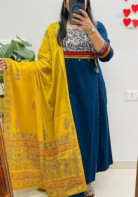Blue Printed Cotton Kurta Set