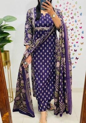 Purple Printed Cotton Kurta Set