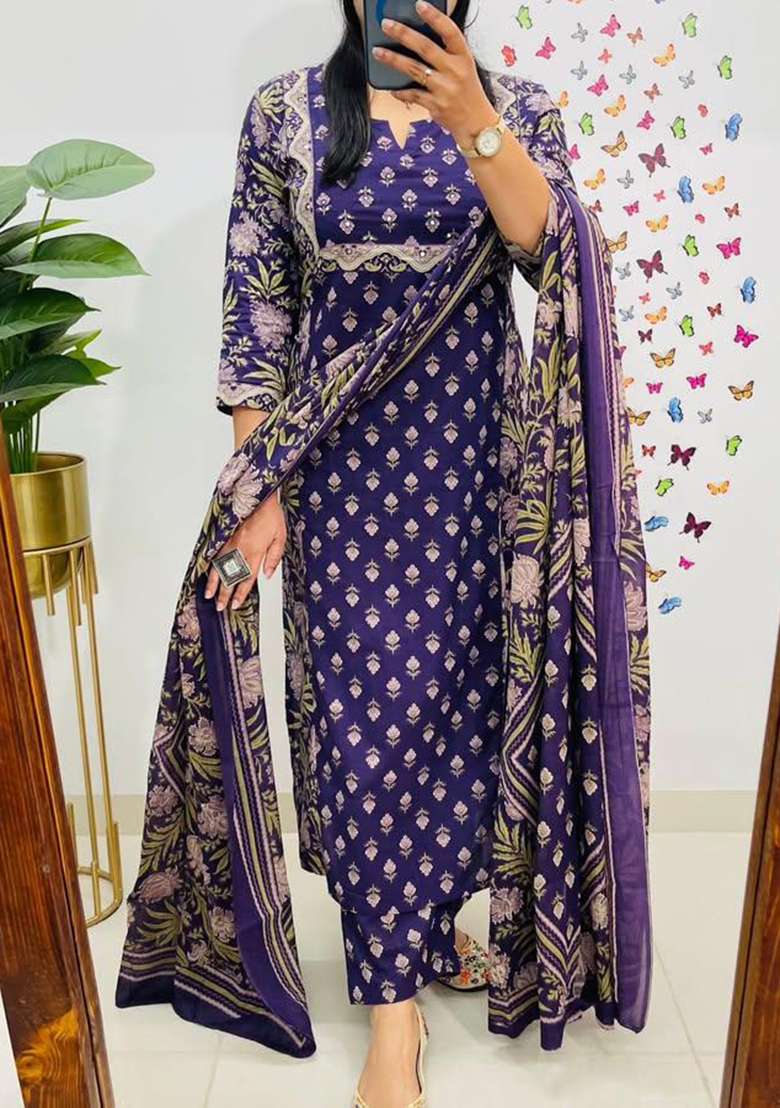 Purple Printed Cotton Kurta Set - Indya
