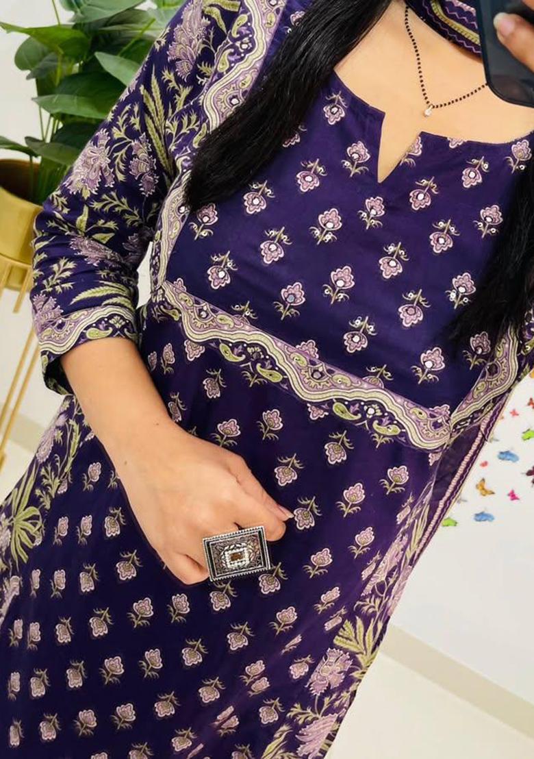 Purple Printed Cotton Kurta Set - Indya