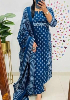 Blue Printed Cotton Kurta Set