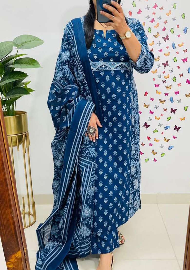 Blue Printed Cotton Kurta Set - Indya