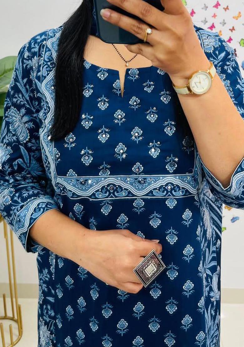 Blue Printed Cotton Kurta Set - Indya