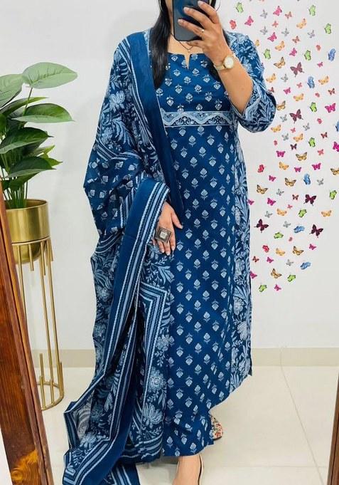 Blue Printed Cotton Kurta Set