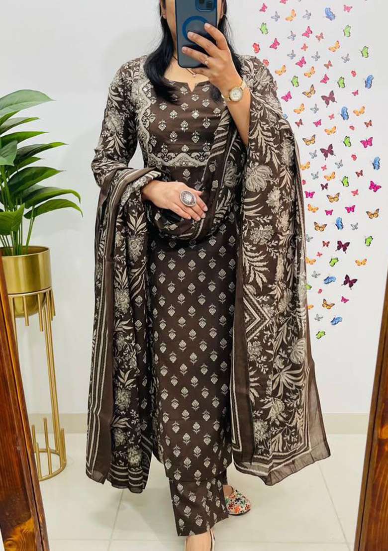 Brown Printed Cotton Kurta Set - Indya