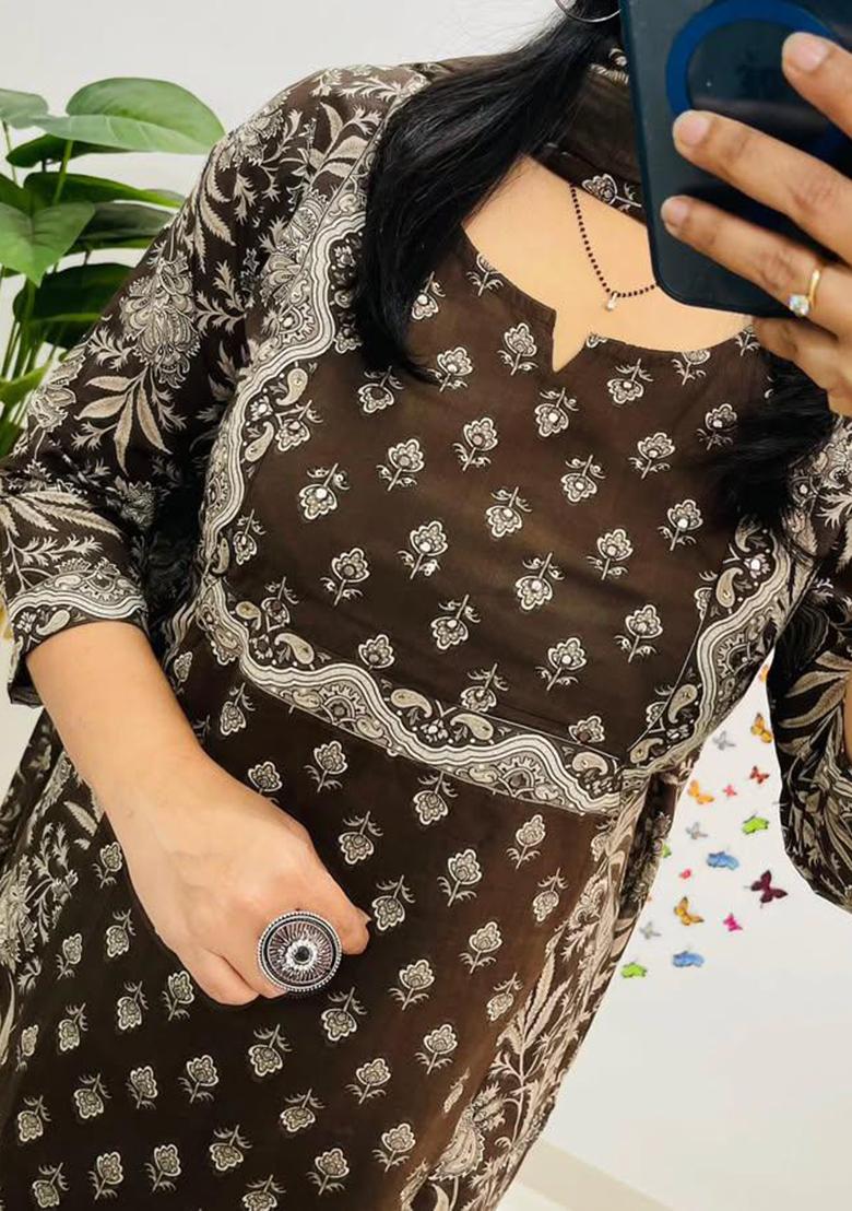 Brown Printed Cotton Kurta Set - Indya