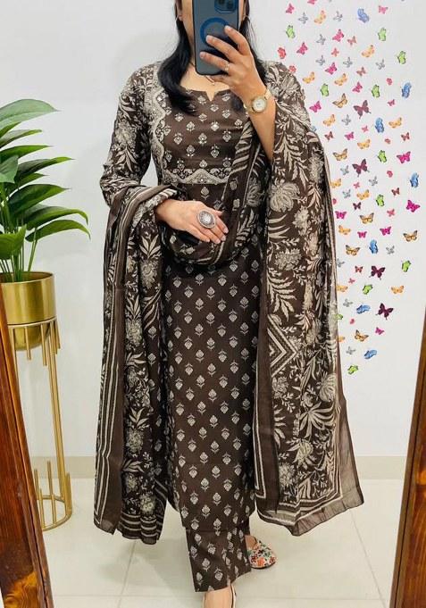 Brown Printed Cotton Kurta Set