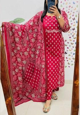 Red Printed Cotton Kurta Set