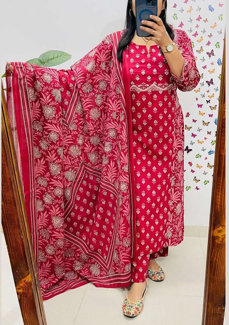 Red Printed Cotton Kurta Set - Indya