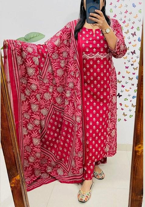 Red Printed Cotton Kurta Set
