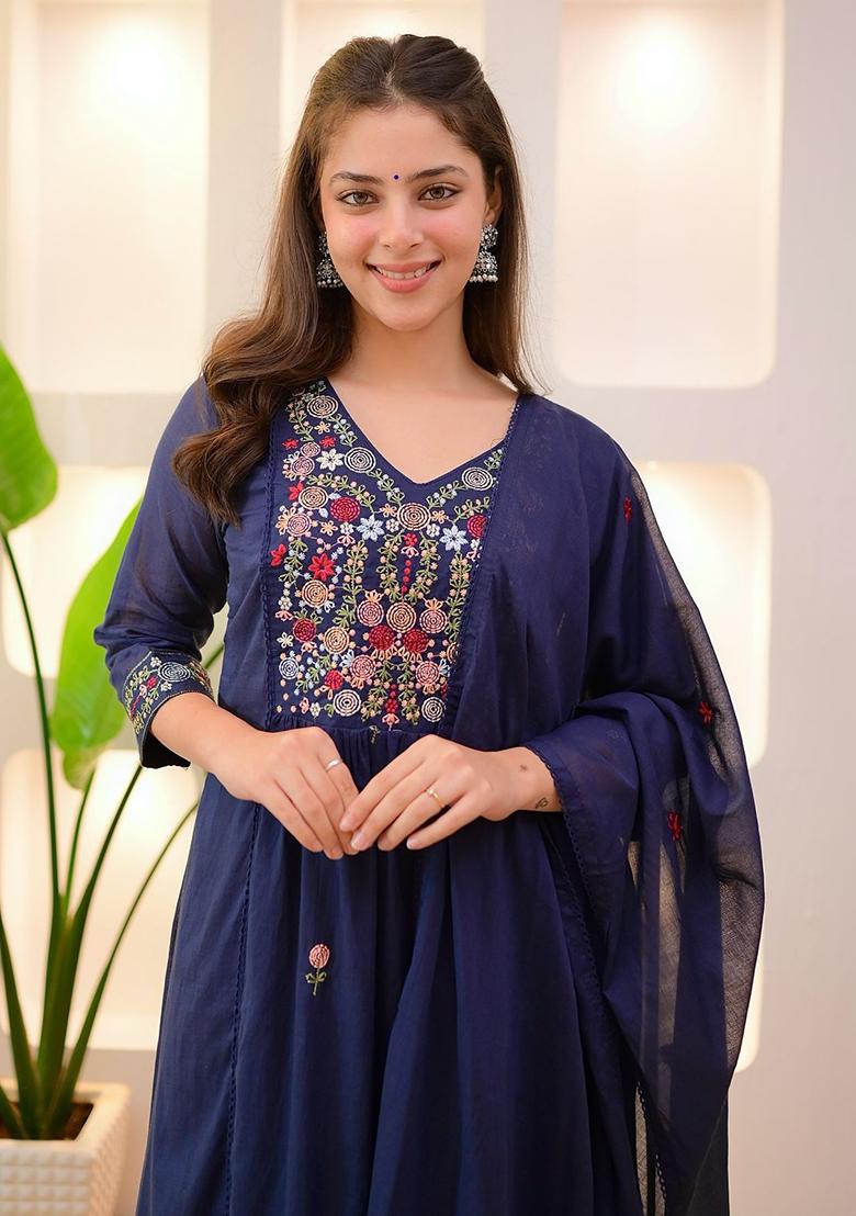 Blue Embroidery Cotton Kurta Set - Indya