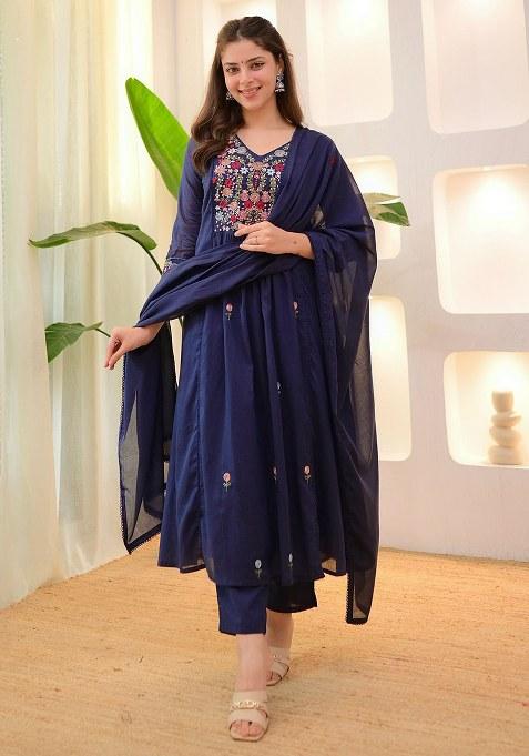Blue Embroidery Cotton Kurta Set