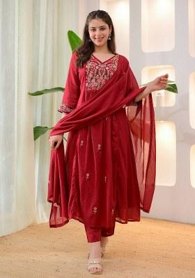 Red Embroidery Cotton Kurta Set