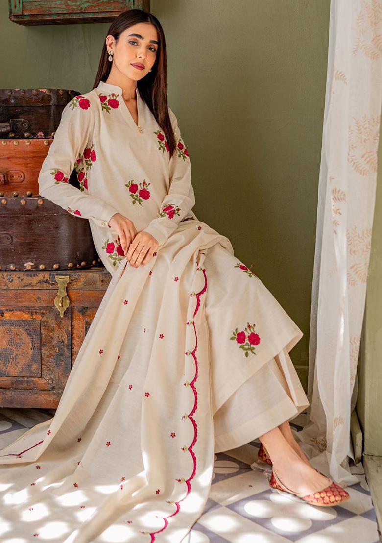 White Printed Cotton Kurta Set - Indya