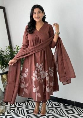 Brown Printed Cotton Kurta Set