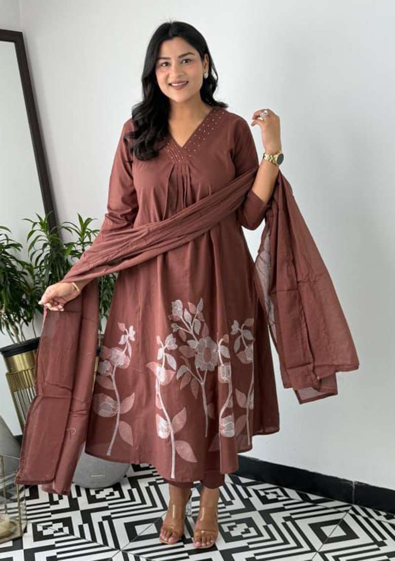 Brown Printed Cotton Kurta Set - Indya