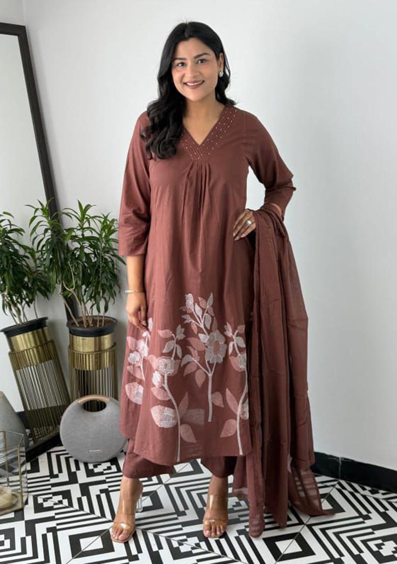 Brown Printed Cotton Kurta Set - Indya