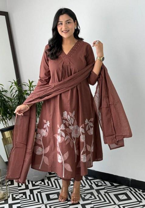 Brown Printed Cotton Kurta Set