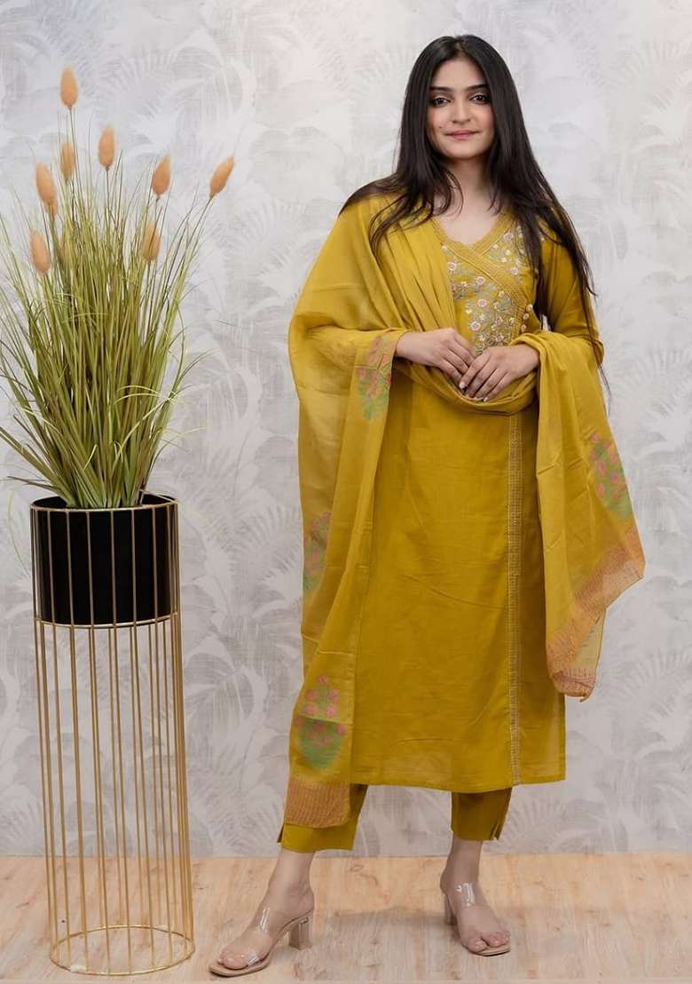 Dark Yellow Embroidery Cotton Kurta Set - Indya