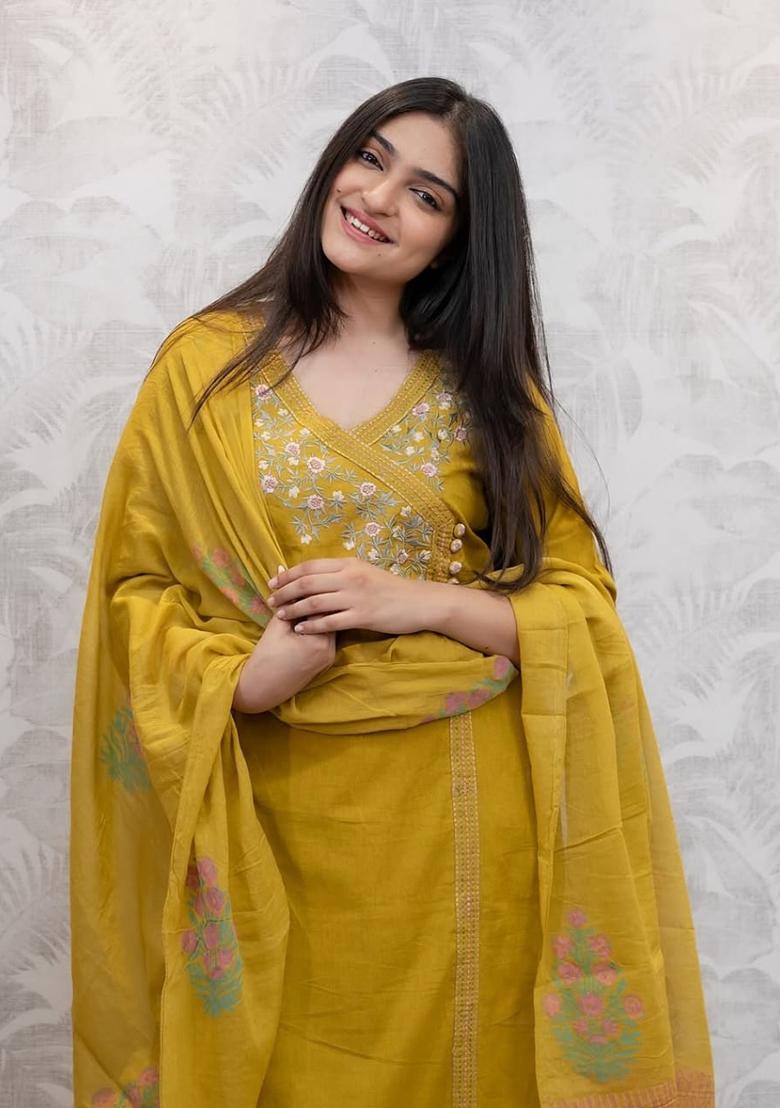 Dark Yellow Embroidery Cotton Kurta Set - Indya