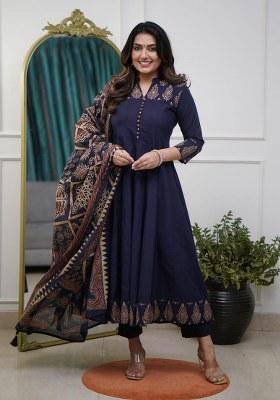 Blue Printed Cotton Kurta Set