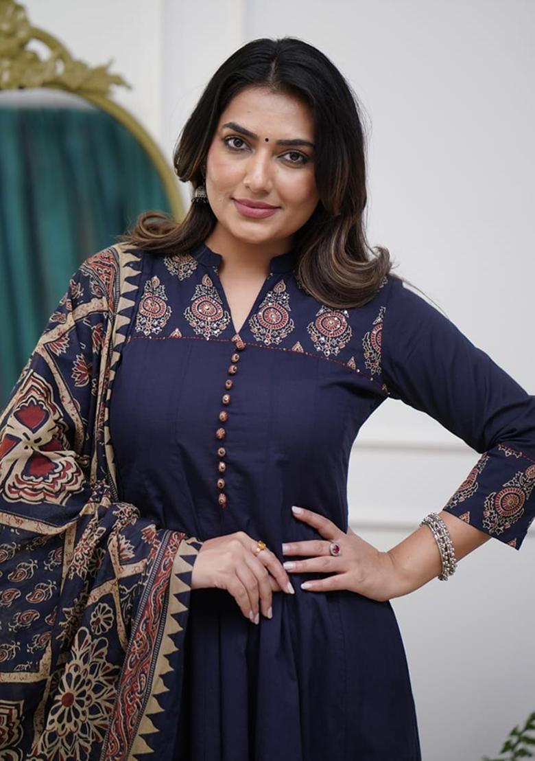 Blue Printed Cotton Kurta Set - Indya