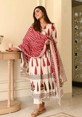 White Printed Cotton Kurta Set