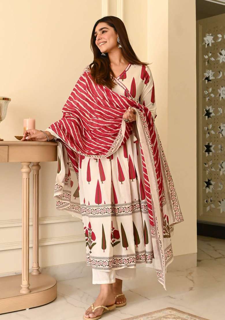 White Printed Cotton Kurta Set - Indya