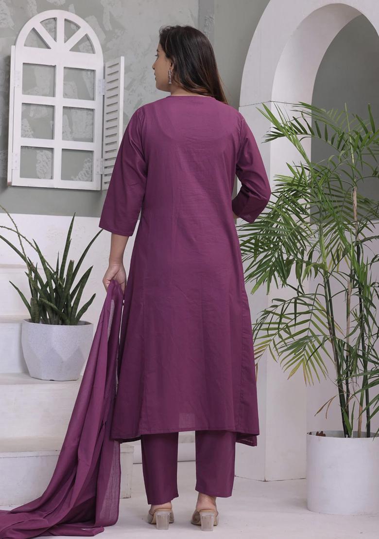 Purple Embroidery Cotton Kurta Set - Indya