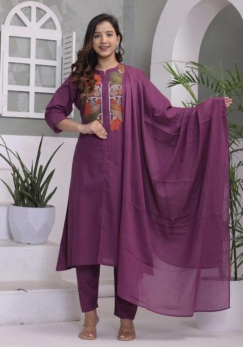 Purple Embroidery Cotton Kurta Set