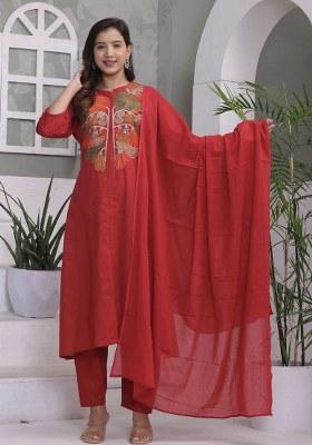 Red Embroidery Cotton Kurta Set