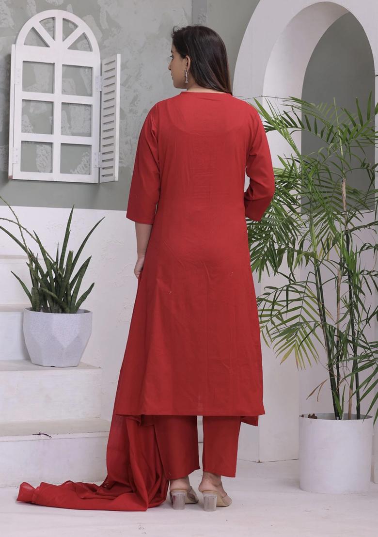 Red Embroidery Cotton Kurta Set - Indya