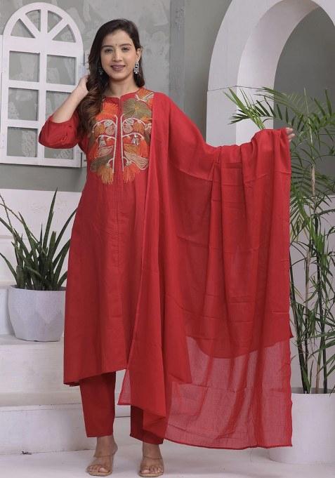 Red Embroidery Cotton Kurta Set