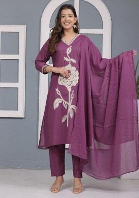 Purple Embroidery Cotton Kurta Set