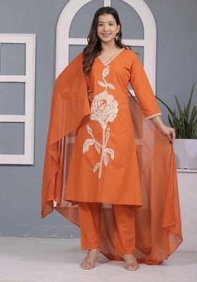 Orange Embroidery Cotton Kurta Set