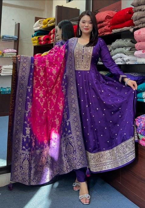 Blue Embroidery Silk Kurta Set