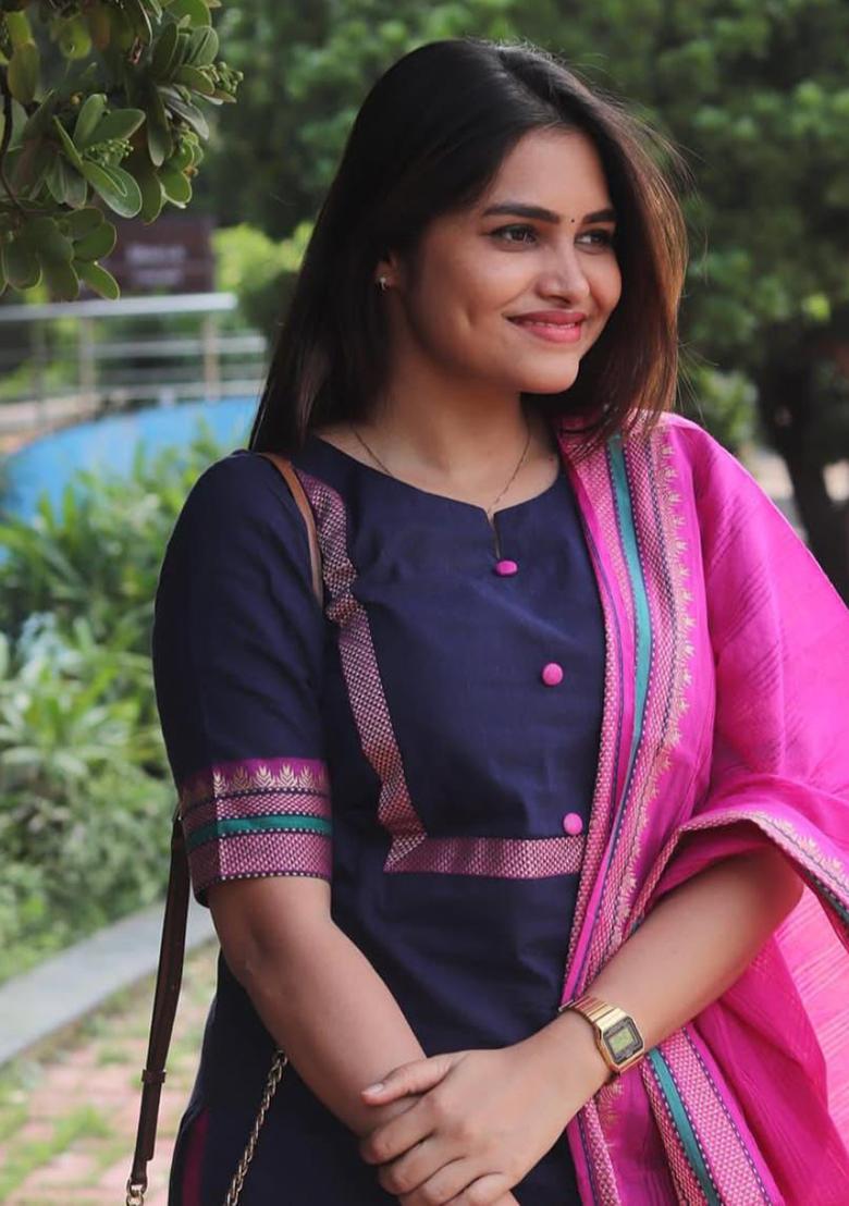 Blue Printed Silk Kurta Set - Indya