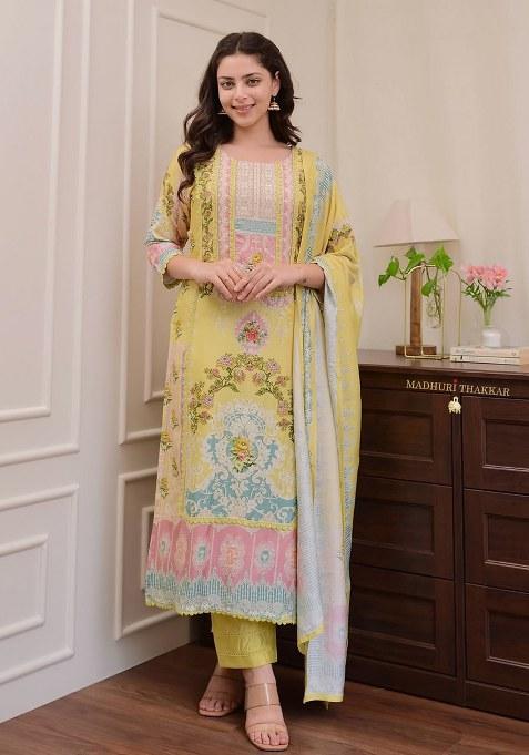Yellow Printed Silk Kurta Set