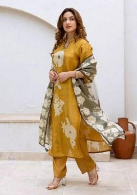 Yellow Embroidery Cotton Kurta Set