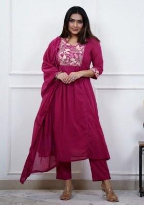 Red Embroidery Cotton Kurta Set