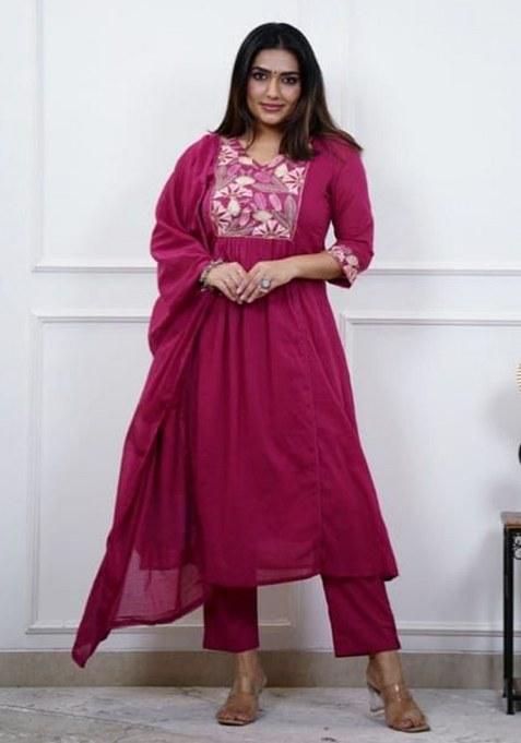 Red Embroidery Cotton Kurta Set