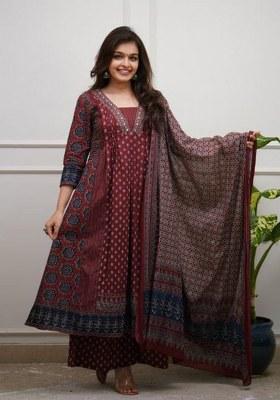 Brown Embroidery Cotton Kurta Set