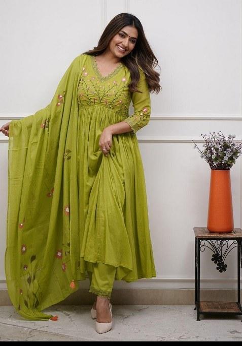 Green Embroidery Cotton Kurta Set