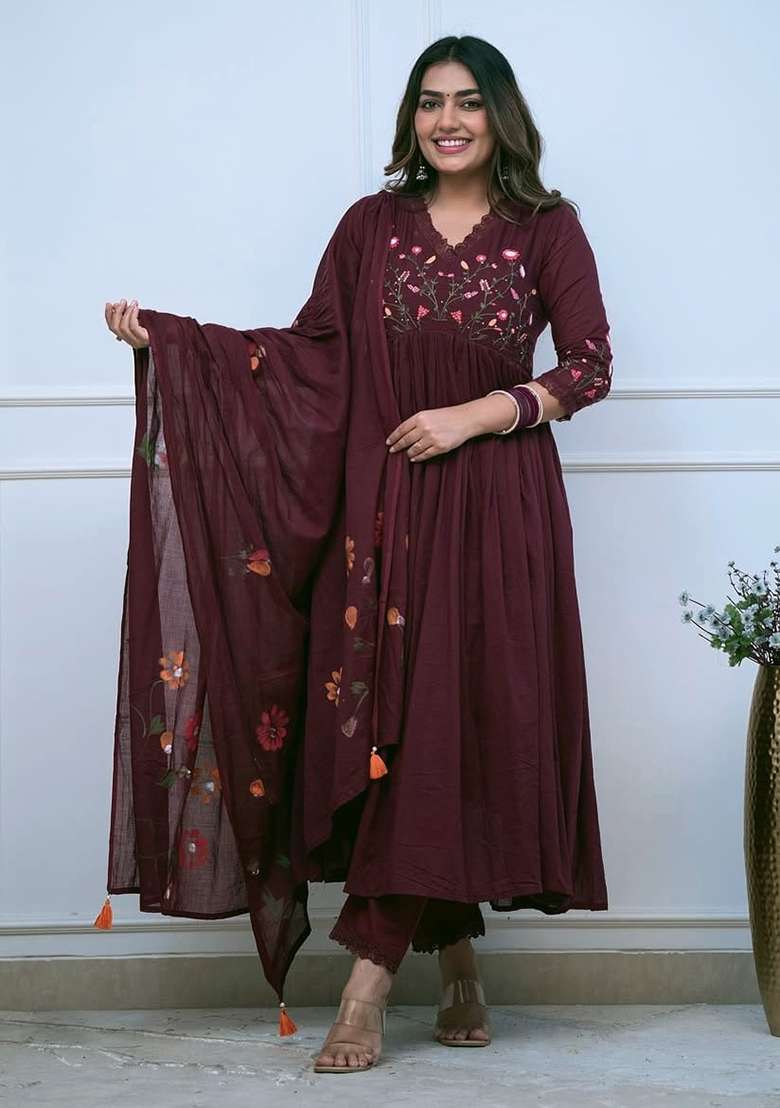 Maroon Embroidery Cotton Kurta Set - Indya