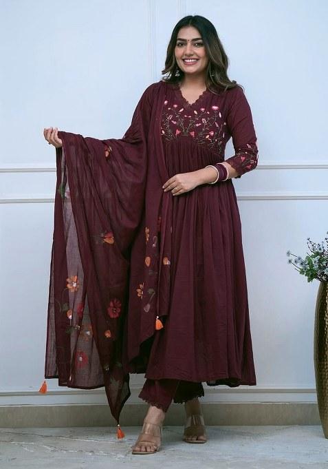 Maroon Embroidery Cotton Kurta Set