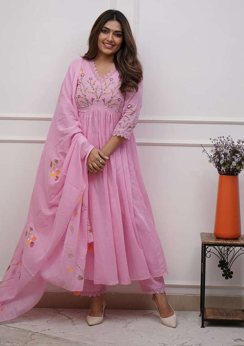 Pink Embroidery Cotton Kurta Set - Indya
