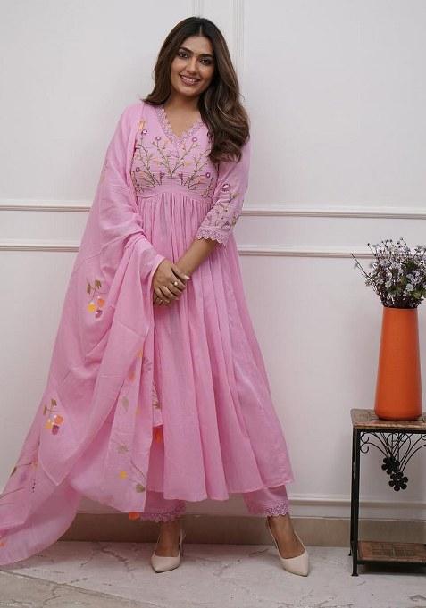 Pink Embroidery Cotton Kurta Set
