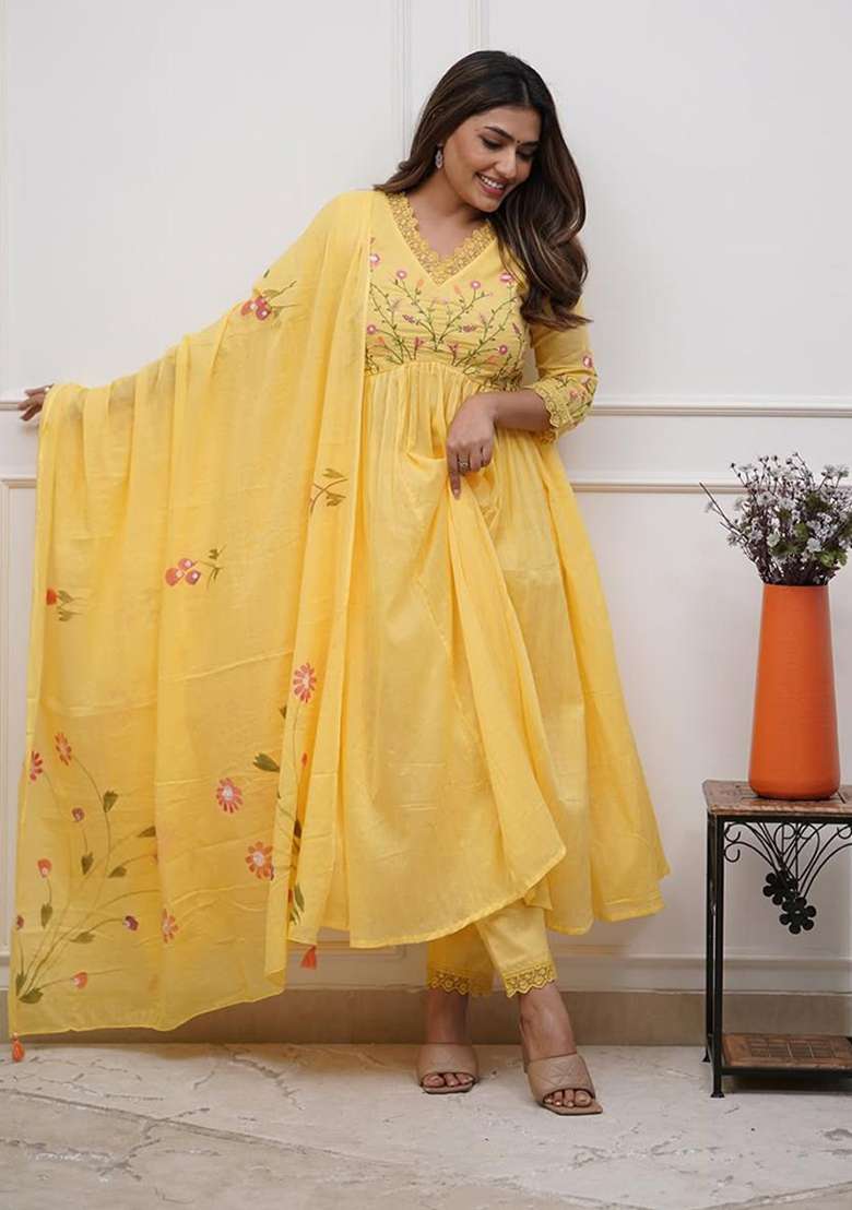 Yellow Embroidery Cotton Kurta Set - Indya