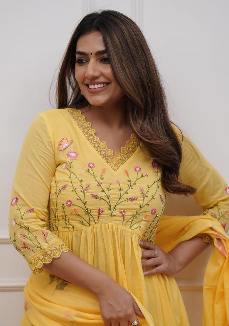 Yellow Embroidery Cotton Kurta Set - Indya