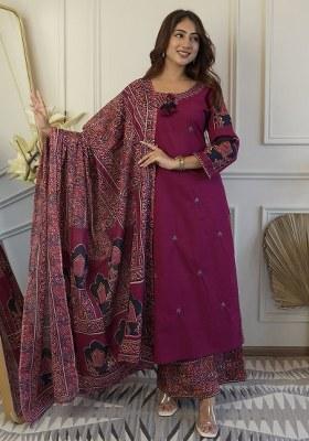 Purple Embroidery Cotton Kurta Set